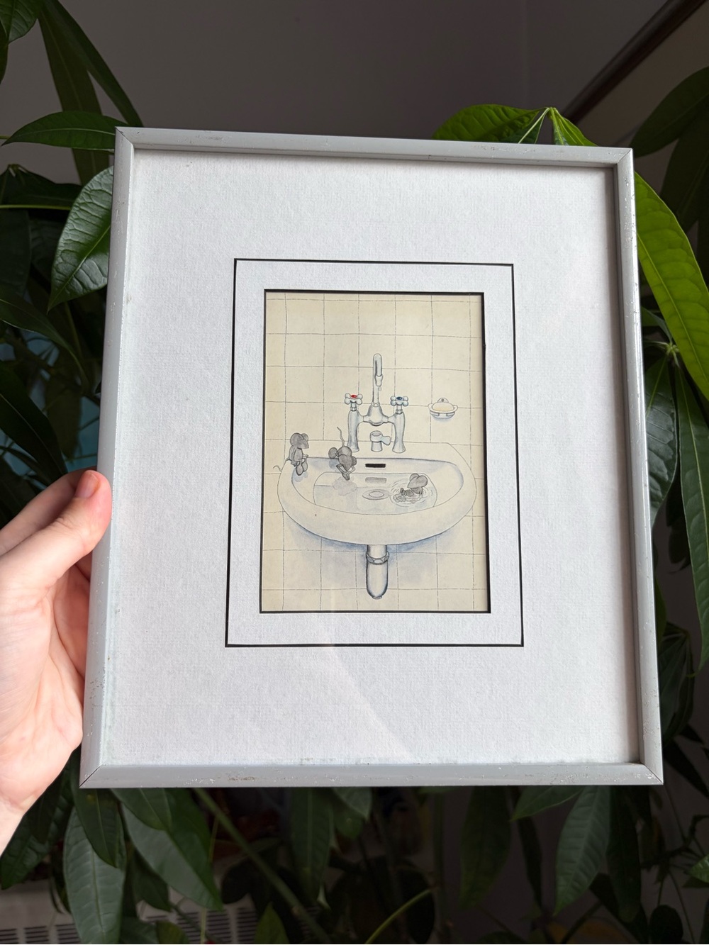White Framed Bathroom Wall Art - Print with Mice in a Sink